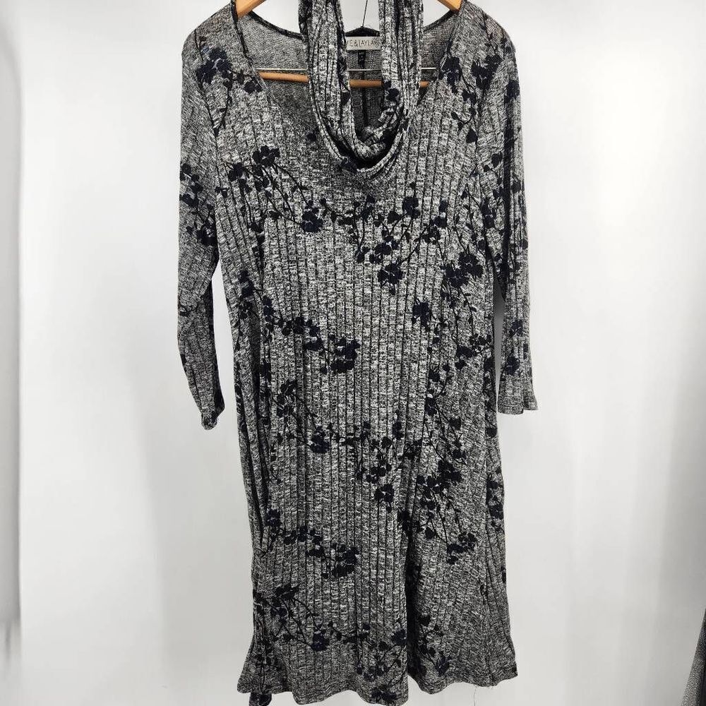Jamie + Layla Gray Ribbed Knit Dress Blue Floral Long Sleeve Matching Scarf  Wom